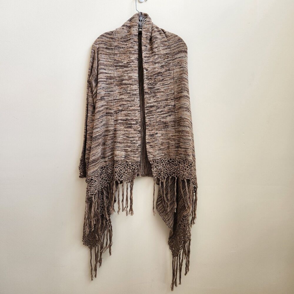 Boston Proper Cardigan Women Medium Mocha Multicolor Crochet Fringe Knit Sweater
